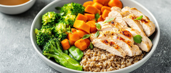Grilled chicken with steamed vegetables and grains in a bowl, healthy meal on a gray background.