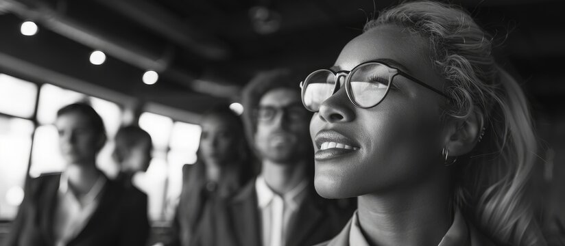 Fototapeta Black And White Photo Of Businesswoman Brainstorming Colleagues At New Office