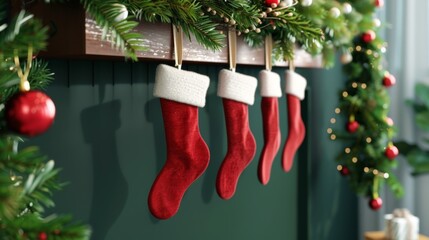 Four red Christmas stockings hanging on a mantel decorated with festive greenery and ornaments, creating a cozy holiday atmosphere.