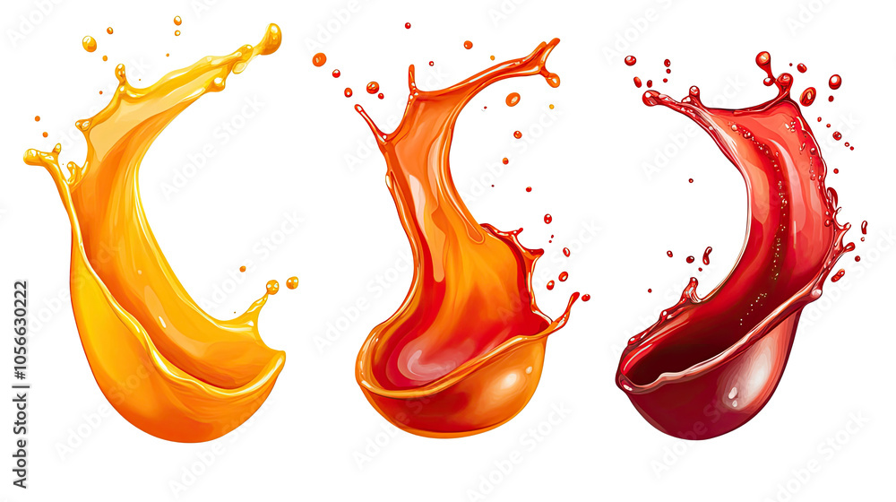 Poster collection of liquid oils and juice splashes on transparent background generative ai