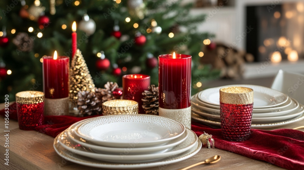 Poster A table with a red tablecloth and a Christmas tree in the background