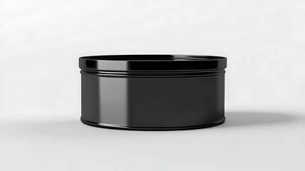 A black, round, cylindrical container stands on a white surface.