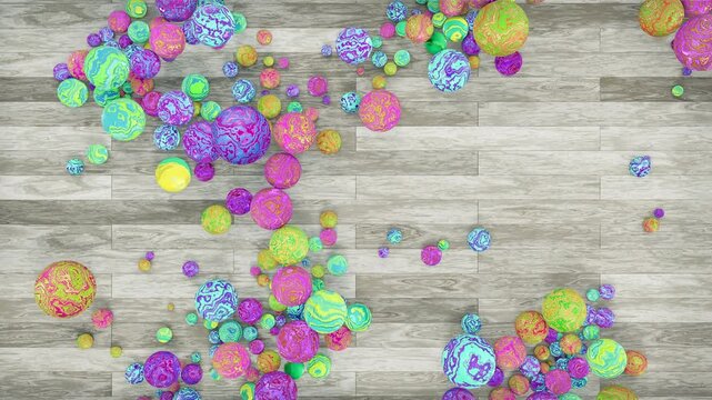 Colorful Bright Balls Chaotic Roll on the Wooden Surface in Horizontal 4K 3D Animation Stock Video