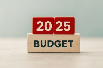 Wooden blocks displaying 2025 budget on a soft surface.