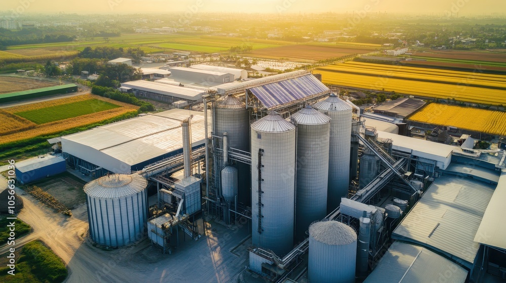 Wall mural aerial view of modern agricultural feed production facility featuring industrial silos and sustainab