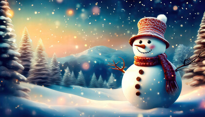 Obraz premium A cheerful Christmas background featuring a snowman wearing a colorful scarf and a top hat, with snowy surroundings and festive decorations. The scene is perfect for a holiday postcard, evoking warmth