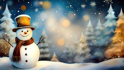 Obraz premium A cheerful Christmas background featuring a snowman wearing a colorful scarf and a top hat, with snowy surroundings and festive decorations. The scene is perfect for a holiday postcard, evoking warmth