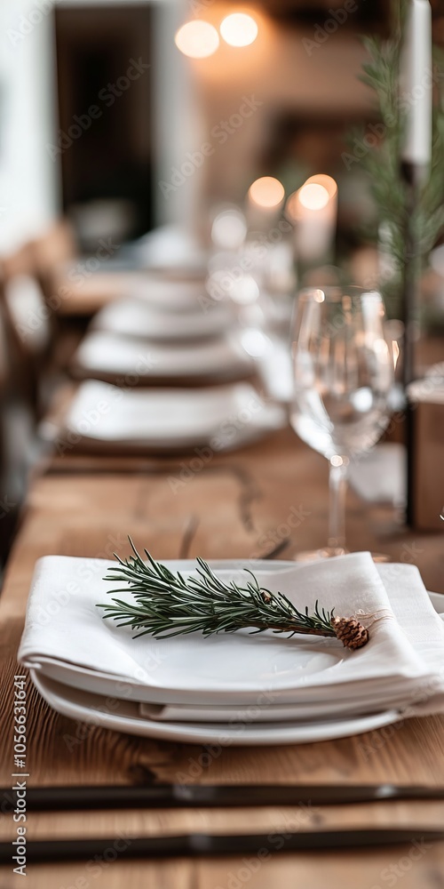 Poster a table with a white tablecloth and a plate with a pine branch on it