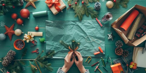 A person is decorating a Christmas tree with ornaments and a box of wrapping paper. The scene is festive and joyful, with the person carefully placing the ornaments on the tree