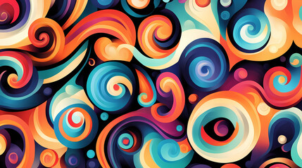 Vibrant abstract swirls and patterns create mesmerizing fusion of colors, showcasing dynamic interplay of shapes and hues that evoke sense of energy and creativity. Psychedelic Patterns. Illustration