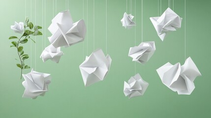 Green plant growing among white crumpled paper balls hanging from the ceiling, against a green background, representing growth and change.