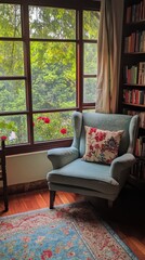 A cozy nook inside homestay features reading chair positioned beside large picture window, with soft diffuse light filtering through on rainy afternoon, creating quiet and introspective atmosphere