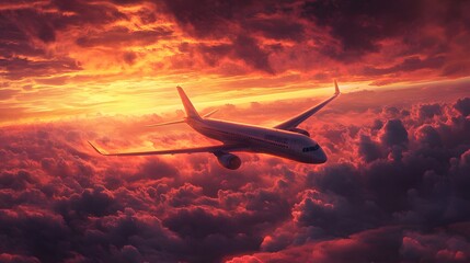 Commercial airplane flying above dramatic clouds during sunset. 