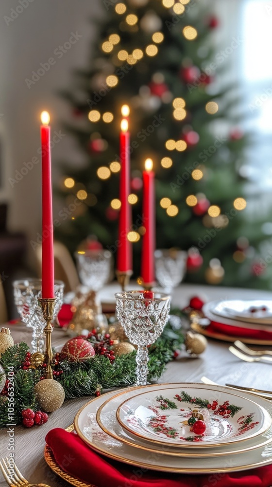 Poster A table with a Christmas tree in the background and a red tablecloth