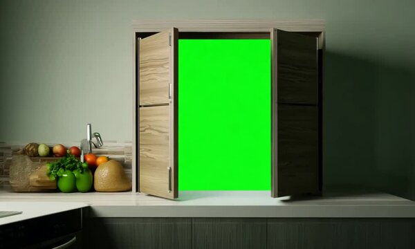 In the kitchen there is an opening door, a cupboard door, behind which there is a green screen. Generative AI