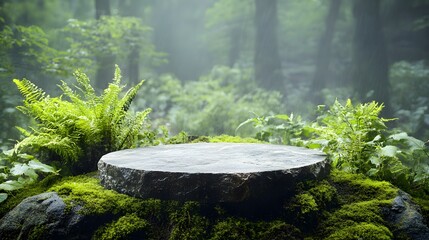 A serene stone platform surrounded by lush greenery in a misty forest.