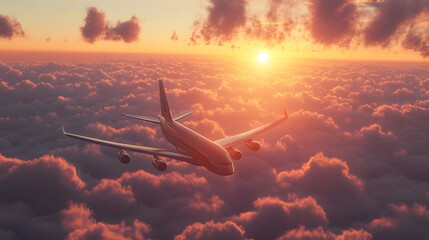 Commercial airplane flying above dramatic clouds during sunset. 
