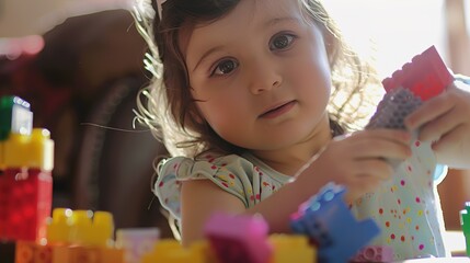 Little Girl Playing with Building Blocks - a delightful and playful visual. The scene captures the joy of childhood creativity and imagination.