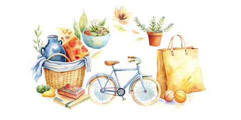 A charming watercolor illustration showcasing a collection of lifestyle elements, including a basket, bicycle, books, and plants. The composition reflects a simple 