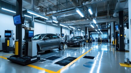Automotive workshop with hands-on emissions testing training, regulatory guidance, and compliance procedures for inspectors in a modern facility
