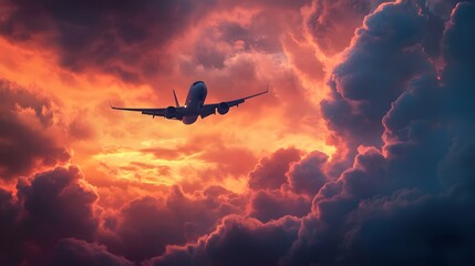 Naklejka premium Commercial airplane flying above dramatic clouds during sunset. 