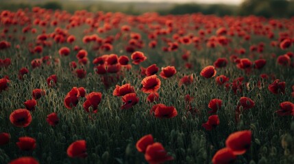 Obraz premium Beautiful Field of Red Poppies in Full Bloom at Sunset with a Soft Focus Background