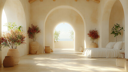 Empty Nordic room with soft natural light and white accents