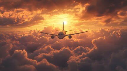 Commercial airplane flying above dramatic clouds during sunset. 