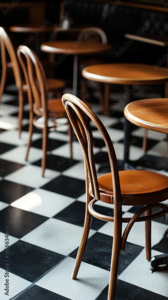 Poster a black and white checkered floor with wooden chairs and tables. the chairs are arranged in a row an