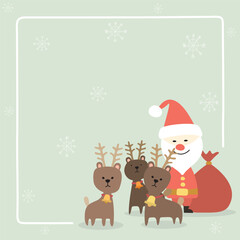 Cute Santa Claus and reindeers childish style with doodle frame and snowflakes background have blank space graphic illustration. Merry Christmas greeting card square template.