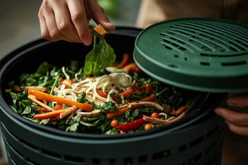 hands dropping vegetable peels and food scraps into a bin
