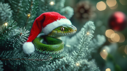 Green snake adorned with a red Santa hat is coiled on a Christmas tree, surrounded by colorful ornaments and soft, blurred lights typical of the holiday season.
