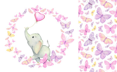 Elephant balloon heart shape, butterfly. Watercolor set, seamless pattern and round frame, on an isolated background.