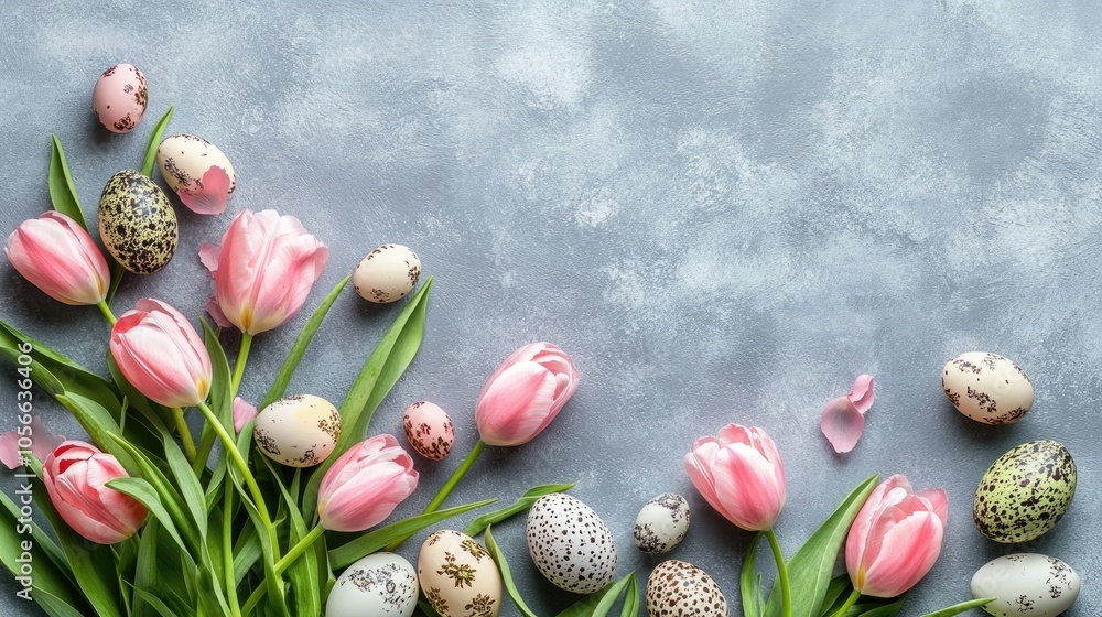 Poster pink tulips and quail eggs arranged on a gray backdrop ideal for an easter themed greeting card desi
