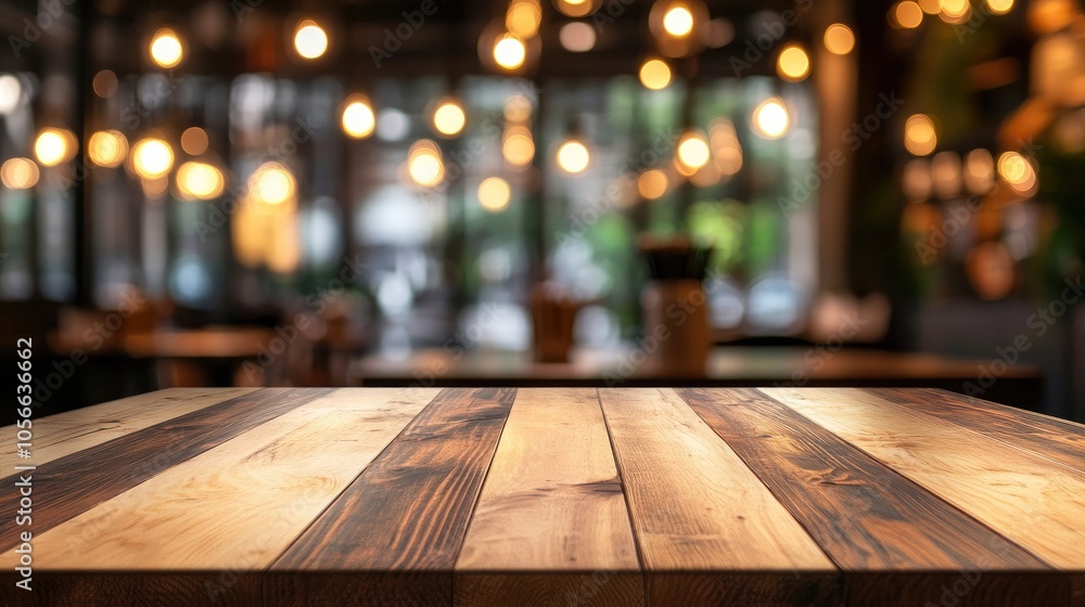 Poster empty wooden table in a cafe setting perfect for product displays with a blurred bokeh background th