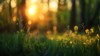 Obraz premium Spring forest landscape at sunset with blurred background and copy space.