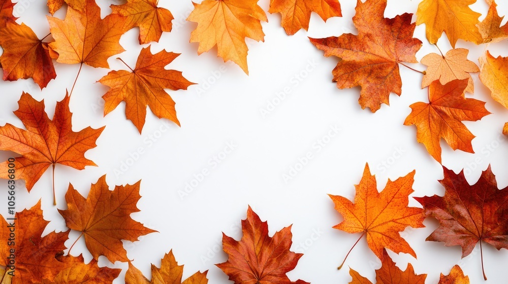 Poster maple leaves on a white backdrop creating an autumn themed design with ample space for text
