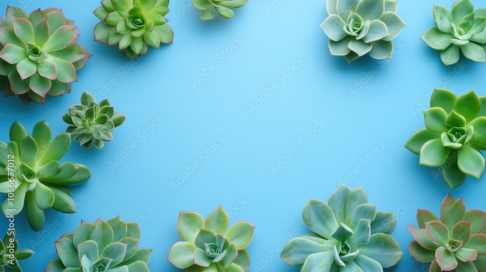 Poster succulents displayed against a blue backdrop offering an overhead perspective of ample empty space
