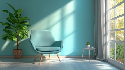 Fototapeta premium Contemporary living room featuring an aqua armchair with Scandinavian style furniture 3D rendered illustration
