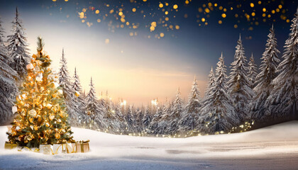 Christmas background featuring a decorated tree with glowing lights, creating a cozy and festive ambiance. The warm illumination highlights the holiday spirit in an elegant, inviting scene.