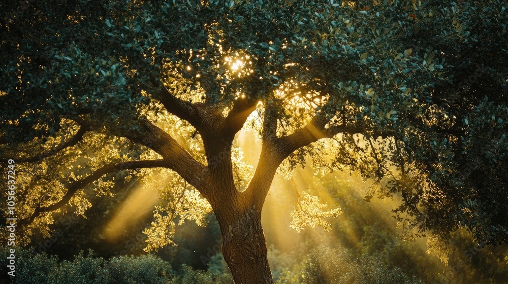 Poster sunlight filtering through the branches of a tree creates a stunning visual effect