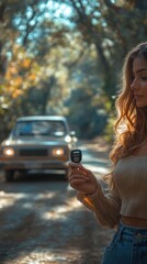 Young woman holding car key in forest with vintage car in background