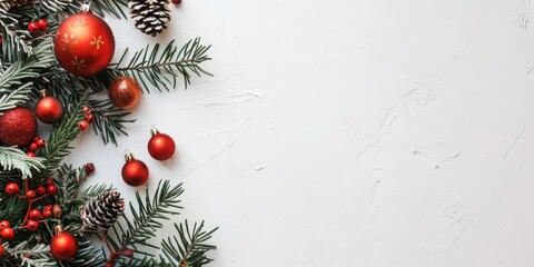 A festive Christmas background featuring red ornaments, pine cones, and greenery on a white textured surface, perfect for holiday-themed designs.