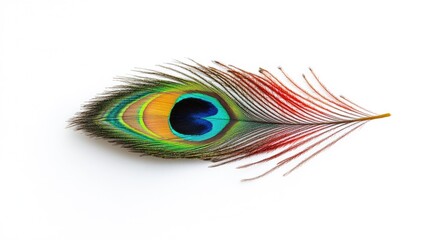 Obraz premium Colorful Peacock Feather Displaying Stunning Hues Against a Clean White Background Representing Natural Beauty