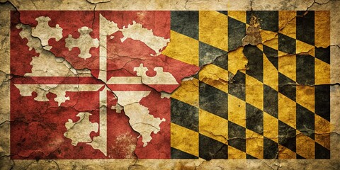 A vintage American map serves as a backdrop for the prominent Maryland state flag.