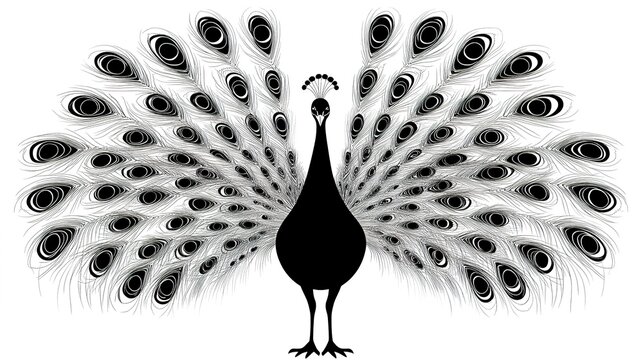 A realistic silhouette vector of a peacock, showcasing crisp, well-defined eyes and intricate detailing.