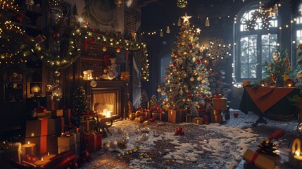 Naklejka premium A Christmas room with a fireplace, a large tree, and many presents. The room is decorated with lights and ornaments, creating a warm and festive atmosphere