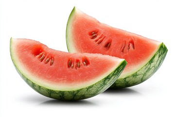  Dos rodajas de sandía de color rojo brillante sobre un fondo blanco, destacando su aspecto refrescante y dulce. Perfecto para evocar el verano.

