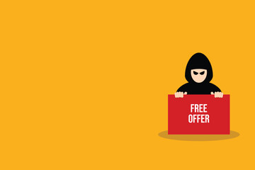 Hacker holding free offer message banner. Hacking concept.	