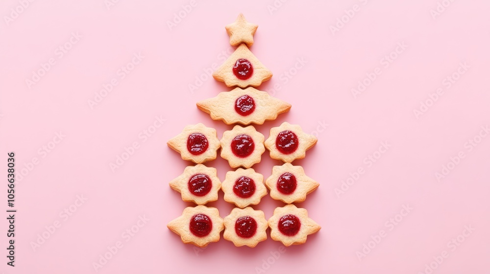 Poster christmas tree crafted from linzer cookies filled with jam set against a soft pink backdrop minimali